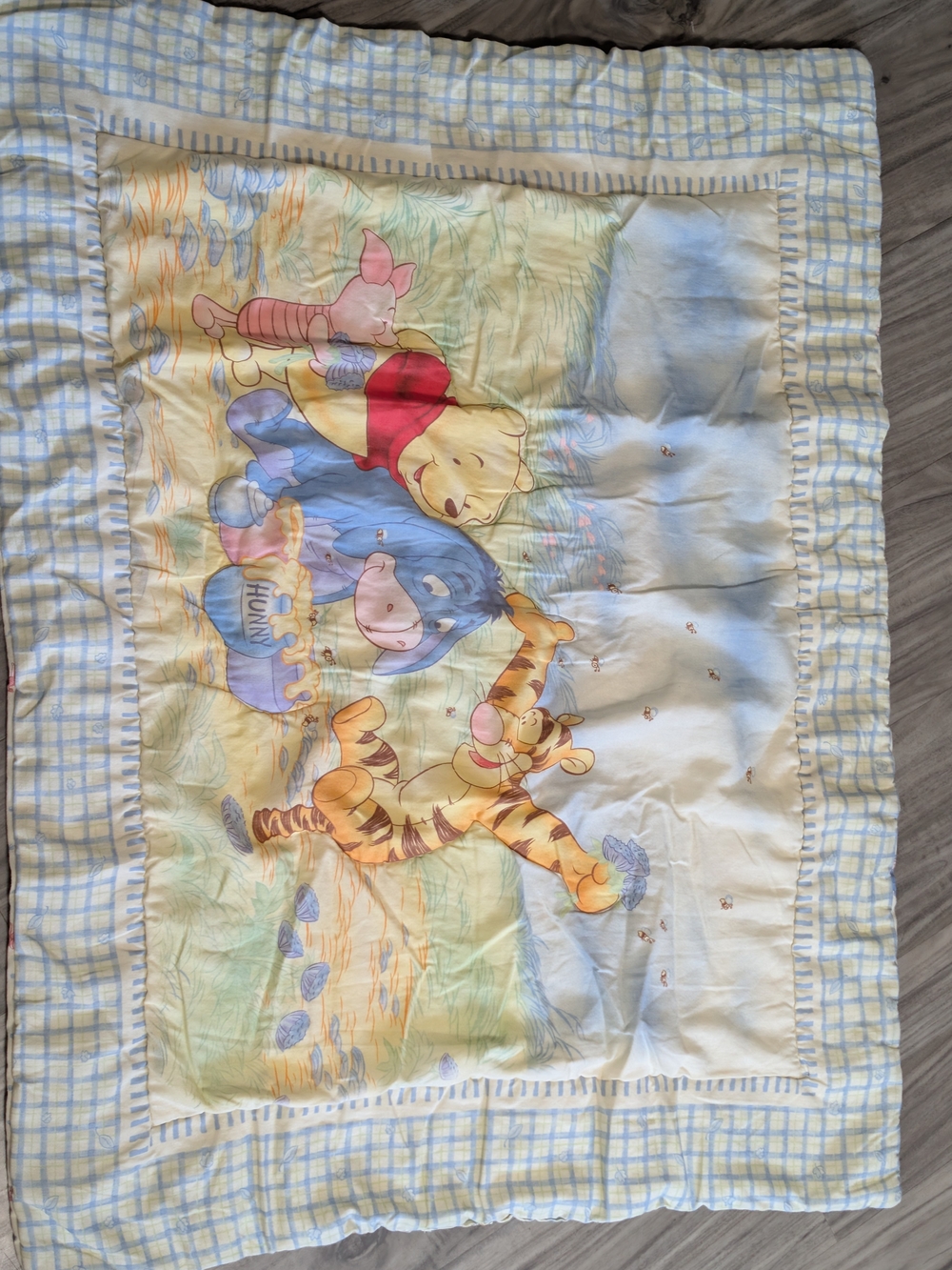 VTG 90s Disney Winnie the Pooh Friends Crib Comforter Quilt Gingham 37x29